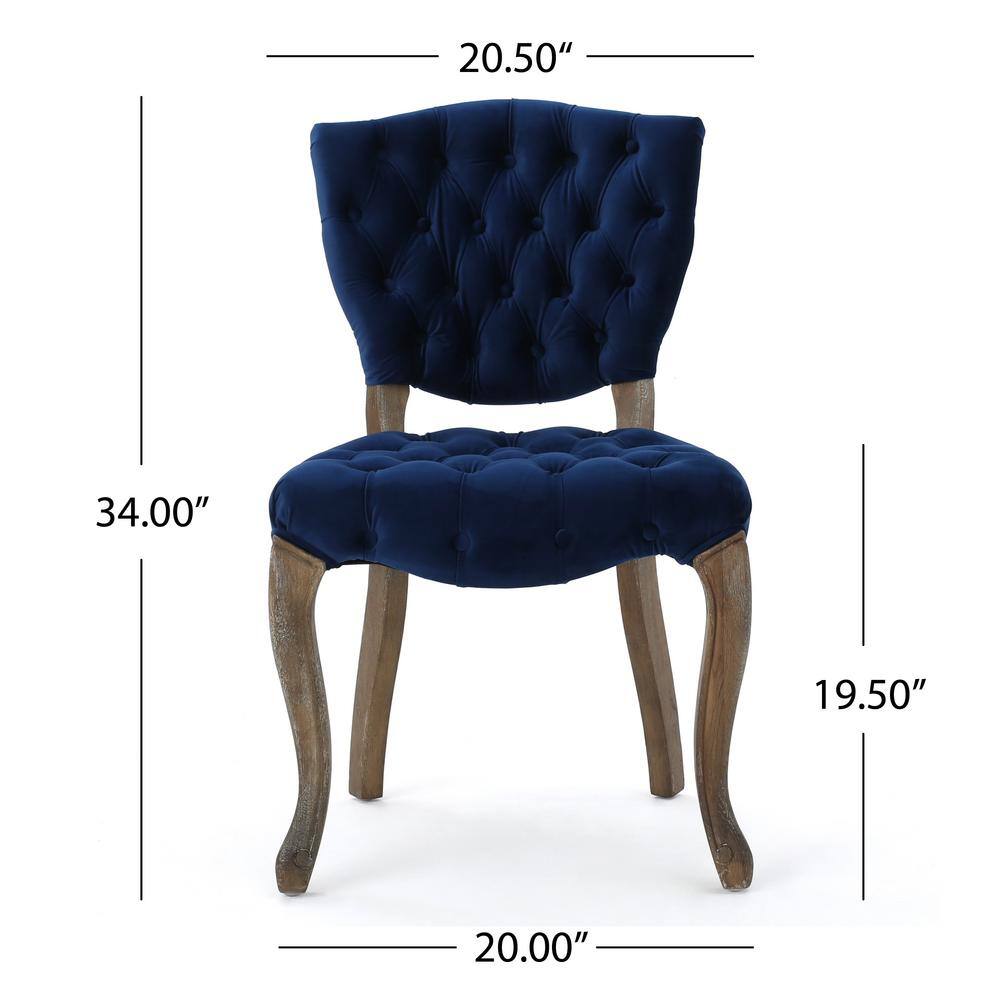 Navy Blue Velvet Upholstered Dining Side Chairs with Natural Rubberwood Legs