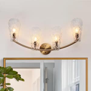 Modern 29.5 in. 4-Light Plating Brass Bathroom Vanity Light with Textured Glass Transitional Wall Light, LED Compatible