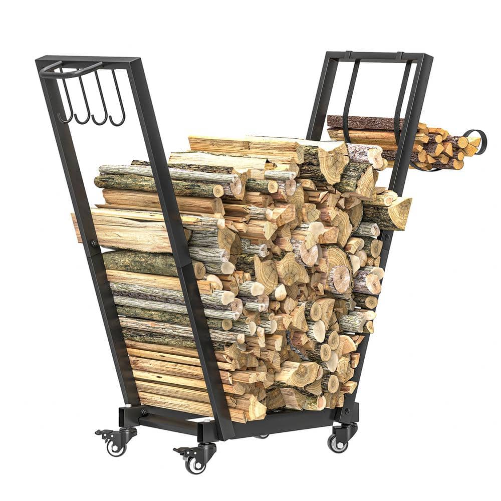 31 in. Firewood Rack with Swivel Casters, Metal Wood Storage with Kindling 