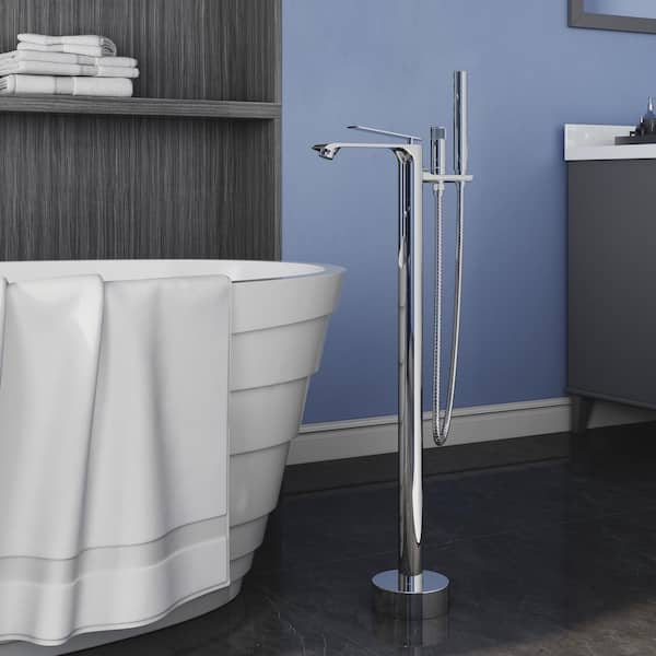 Single-Handle Freestanding Tub Faucet with Oval Hand Shower in Chrome Plated