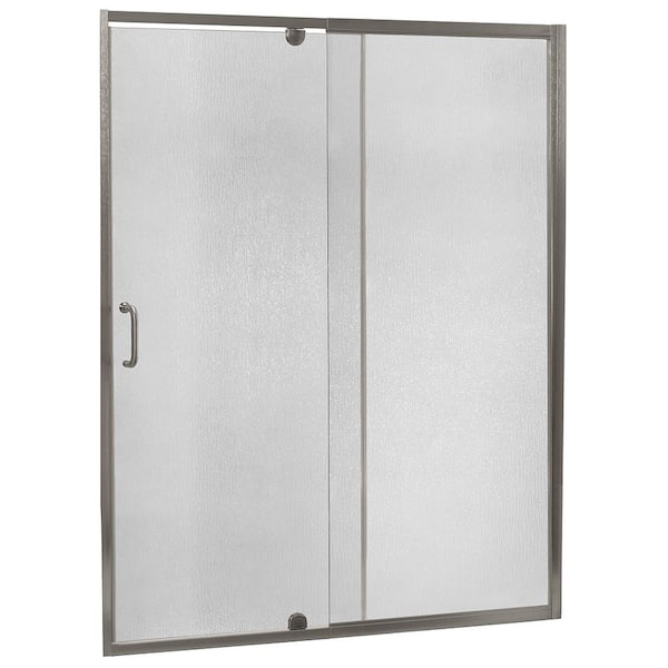 CRAFT + MAIN Cove 60 in. W x 69 in. H Semi-Frameless Pivot Shower Door and Fixed Panel in Brushed Nickel with C-Handle and Knob