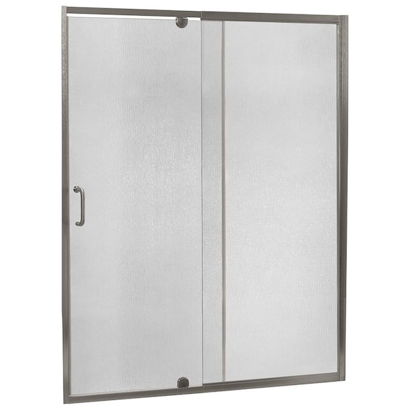 CRAFT + MAIN Cove 48 in. W x 69 in. H Semi-Frameless Pivot Shower Door and Fixed Panel in Brushed Nickel with C-Handle and Knob