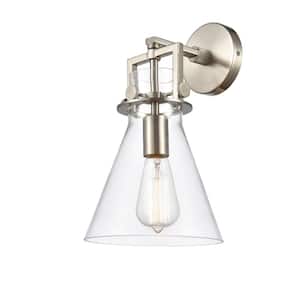 Newton Cone 1-Light Brushed Satin Nickel Wall Sconce with Clear Glass Shade