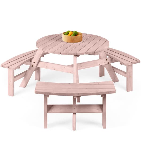 best patio picnic table with umbrella hole Best Choice Products 6-Person Circular Outdoor Wooden Picnic Table w/ 3 Built-In Benches, Umbrella Hole