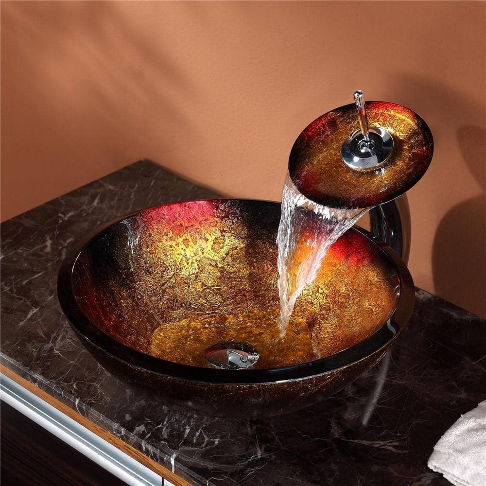 Red and Gold Glass Circular Vessel Bathroom Sink, 17 inch