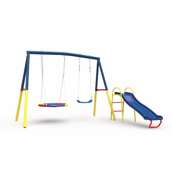 Blue Outdoor Heavy-Duty Metal Playset 3 in 1 Swing Set with Slide