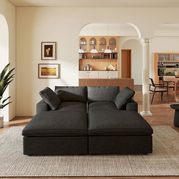 Magic Home 79 in. Modular Black Linen Solid Wood Full Size 2-Seat Storage Sleeper Sofa Bed with 2-Ottomans, Detachable Covers