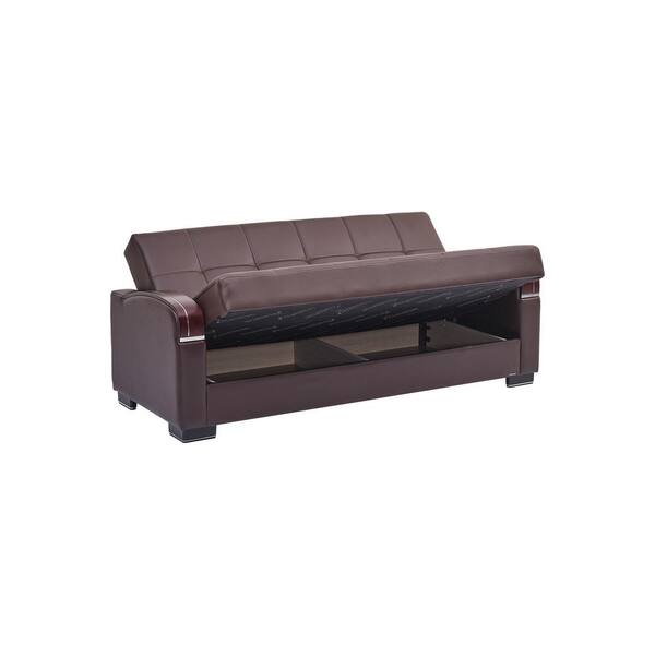 Ottomanson Goliath Collection Convertible 87 in. Brown Faux Leather 3 Seater Twin Sleeper Sofa Bed with Storage GOL BN PU SB