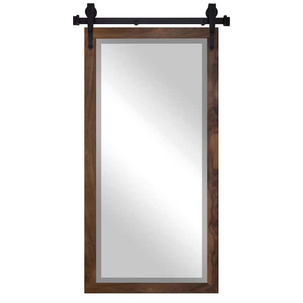 (32 in. W x 66 in. H) Vertical Walnut Hardwood Beveled Mirror with Steel Barndoor Rail