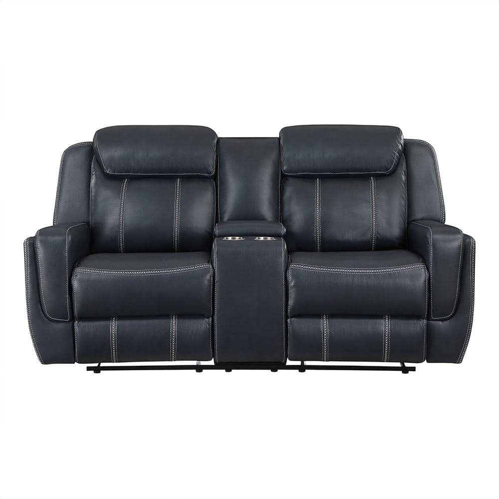 Blue Faux Leather Reclining Loveseat with Cup Holders
