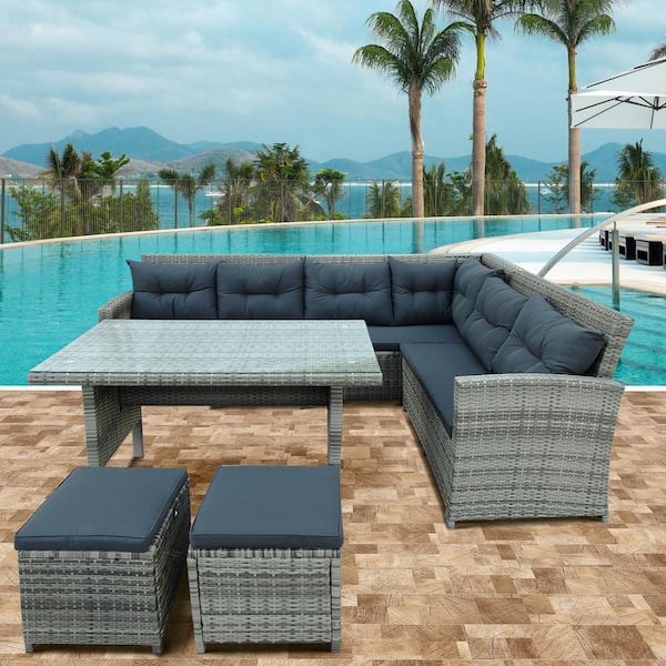 Tunearary Gray 6-Piece Wicker Patio Furniture Set Outdoor Sectional Sofa with Glass Table, Ottomans, Gray Cushions