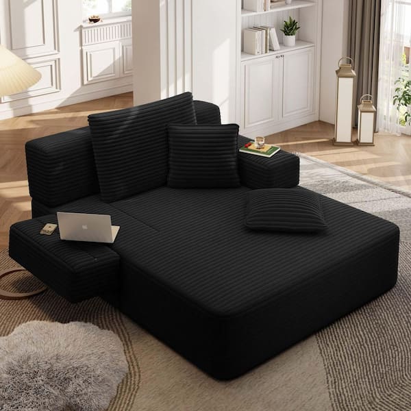 Black Corduroy Upholstered Chaise Lounge Single Sofa Oversized Sleeper Chair Boneless Couch LF19P449015
