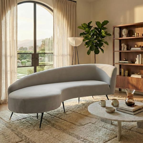 Evangeline 86 in. Round Arm Velvet Curved Sofa in Gray