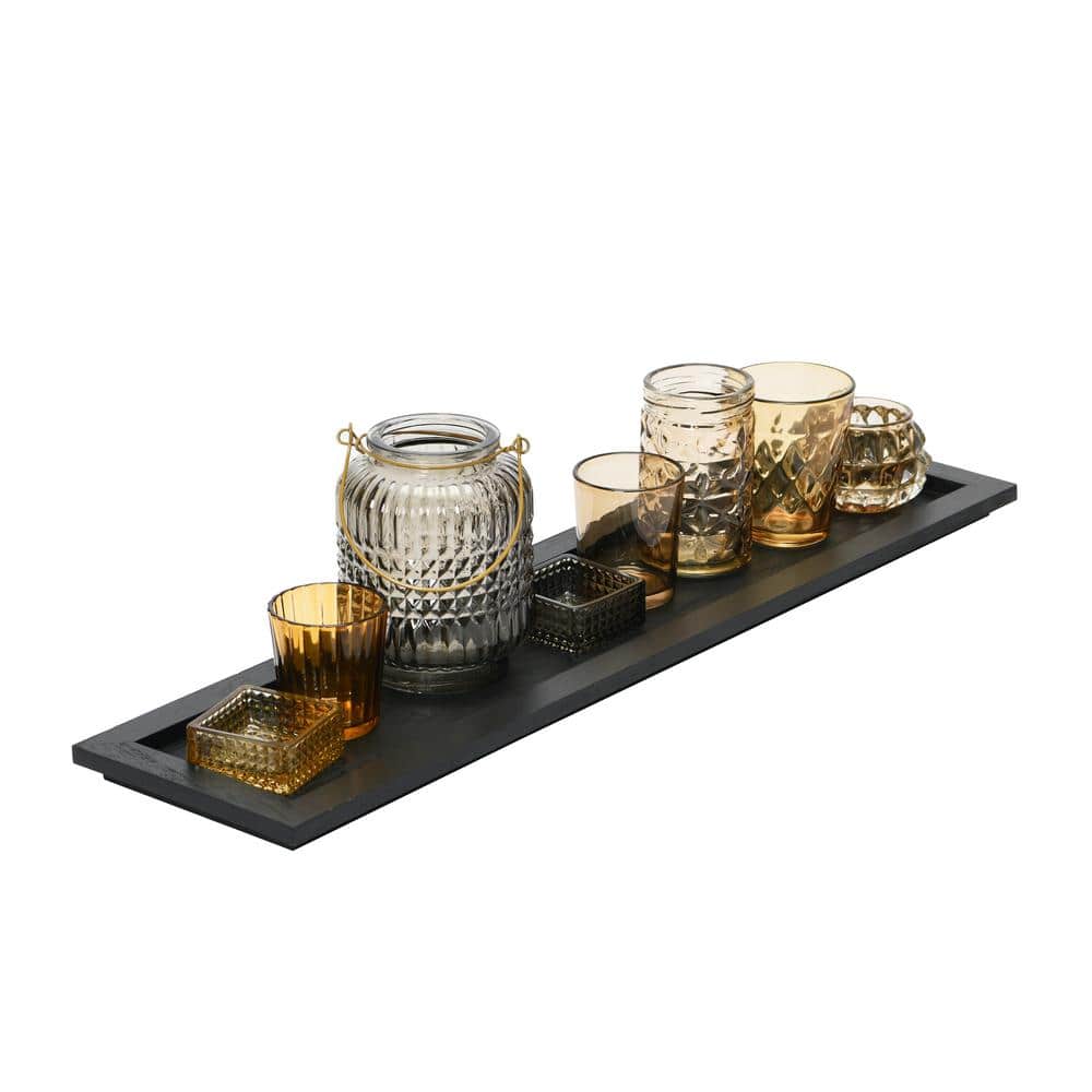 Paulownia Wood Tray with Multicolor Embossed Glass Votive Holders, Set of 8