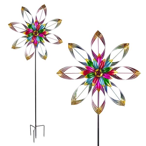 Alpine Corporation 82 in.H Outdoor Embellished Rainbow Flower Metal Wind Spinner Stake Lawn Decoration