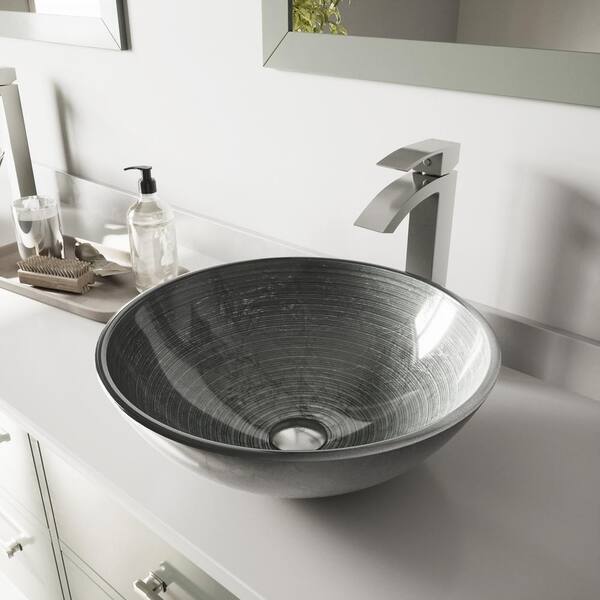 VIGO Glass Round Vessel Bathroom Sink in Silver with Duris Faucet and ...