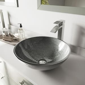 Glass Round Vessel Bathroom Sink in Silver with Duris Faucet and Pop-Up Drain in Brushed Nickel