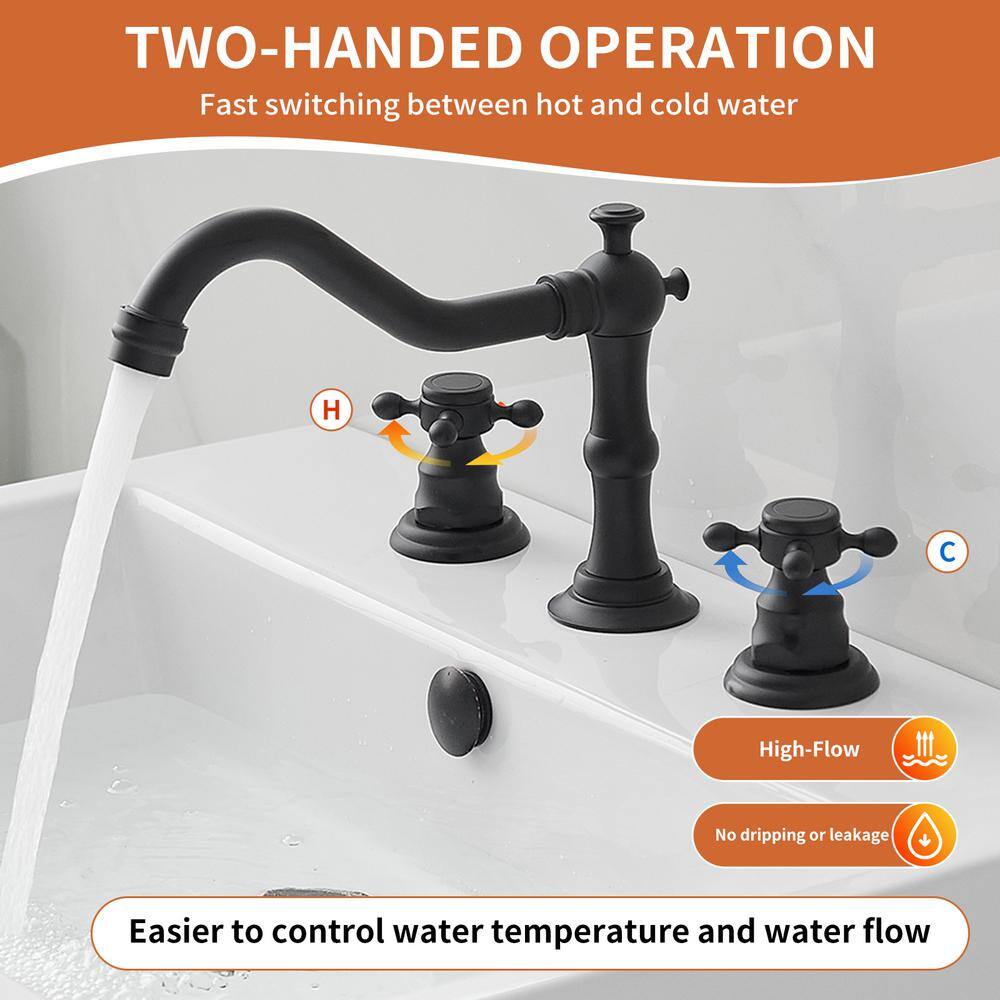 Matte Black 8-Inch Widespread 2-Handle Bathroom Faucet with Drain Kit