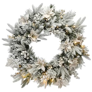 24 in. Artificial Feel Real Frosted Colonial Christmas Wreath with 70 Warm White LED Lights with Timer
