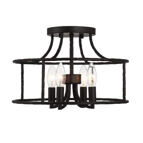 Silversadge 14 in. 4-Light Matte Black Hammered Metal Semi- Flush Mount