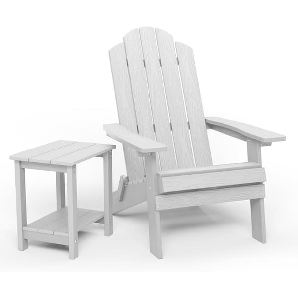 Mximu White Plastic Outdoor Folding Adirondack Chair with Double Layer Square Side Table