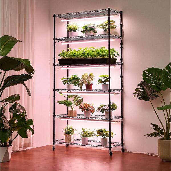 SVOPES 6-Tier Indoor Plant Rack w/ Wheels and Timer, 71in Metal