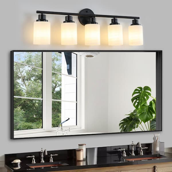 31.5 in. W 5-Light Vanity Lighting Fixture for Bathroom, Frosted White Glass with Black Frame, E26, No Bulbs Included