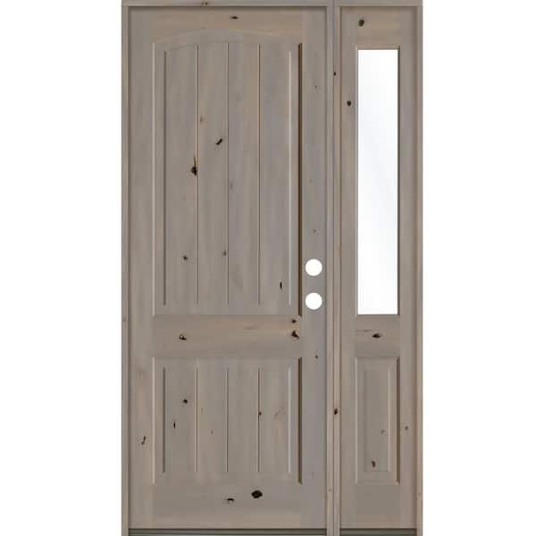 Krosswood Doors 44 in. x 96 in. Rustic Knotty Alder 2 Panel Left-Hand/Inswing Clear Glass Grey Stain Wood Prehung Front Door with RHSL