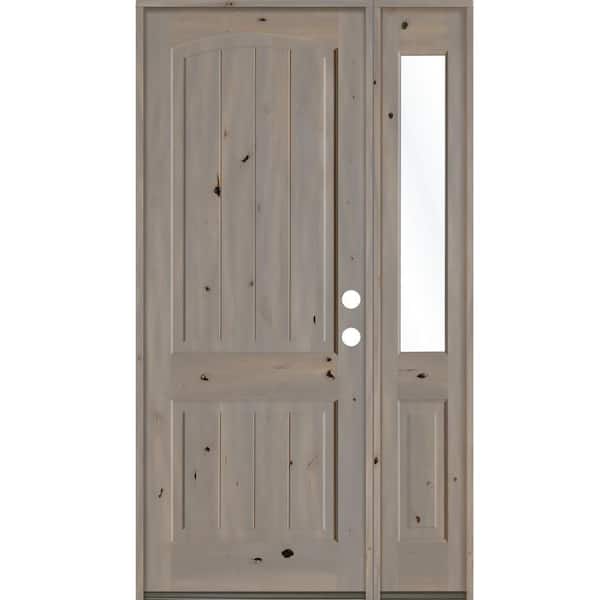 Krosswood Doors 56 in. x 96 in. Rustic knotty alder 2 Panel Left-Hand/Inswing Clear Glass Grey Stain Wood Prehung Front Door with RHSL