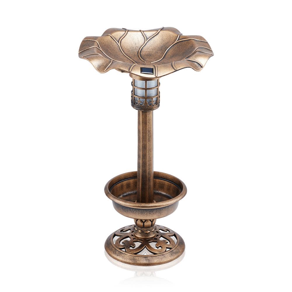29 in. H Bronze Outdoor Pedestal Birdbath with Planter Base and Solar-Power