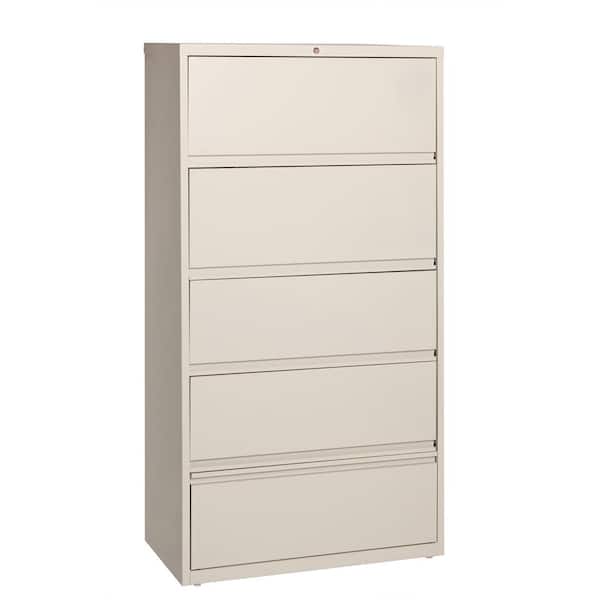 Hirsh 36 in. W 5-Drawer Putty Lateral File Cabinet with Roll-Out Shelves, Holds Letter, Legal and A4 Hanging Folders