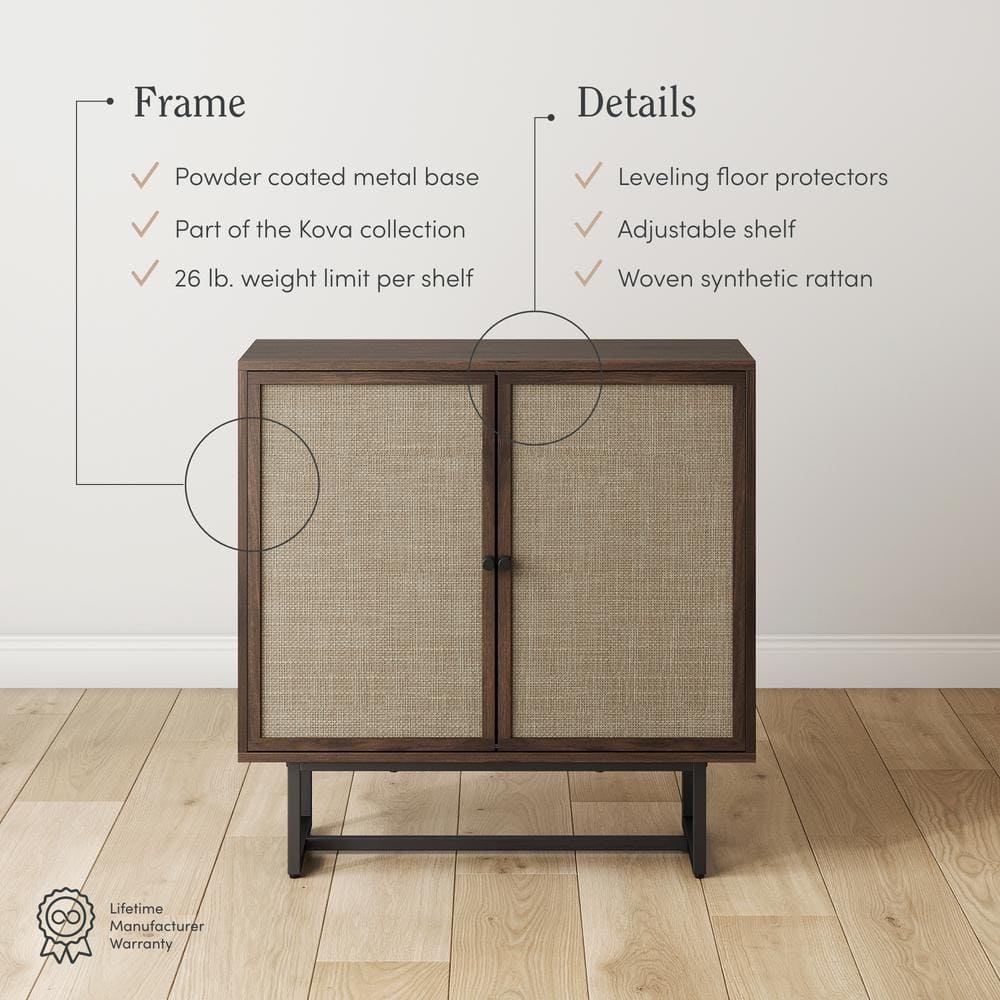 Walnut and Rattan Freestanding Storage Cabinet with Adjustable Shelves