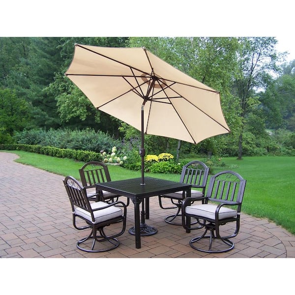 Oakland Living Rochester 5-Piece Swivel Patio Dining Set with Cushions and Beige Umbrella