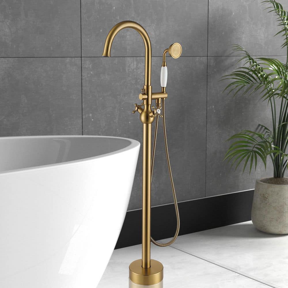 2-Handle Floor Mount Freestanding Tub Faucet with Hand Shower in. Brushed Brass price history on PriceWatchPro