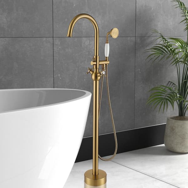 2-Handle Floor Mount Freestanding Tub Faucet with Hand Shower in. Brushed Brass
