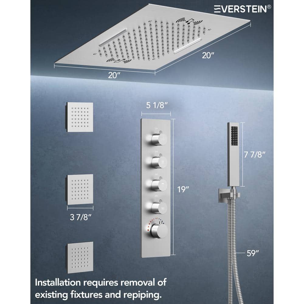20" Brushed Nickel LED Ceiling Mount Shower System with Bluetooth