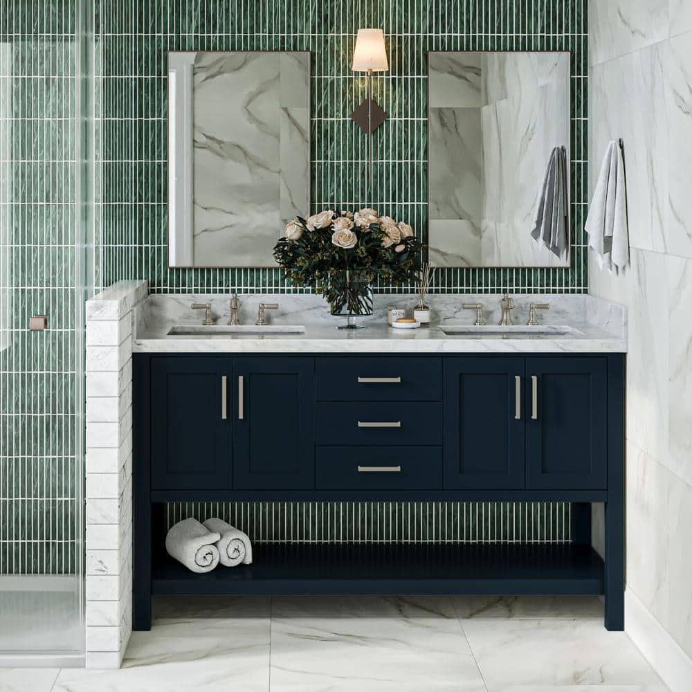Midnight Blue Solid Wood Double Sink Freestanding Vanity with Quartz Top