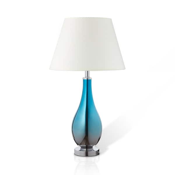 CARRO Petunia 28 in. Chrome Blue Glass and Chrome Base Indoor Table Lamp with Fabric Shade