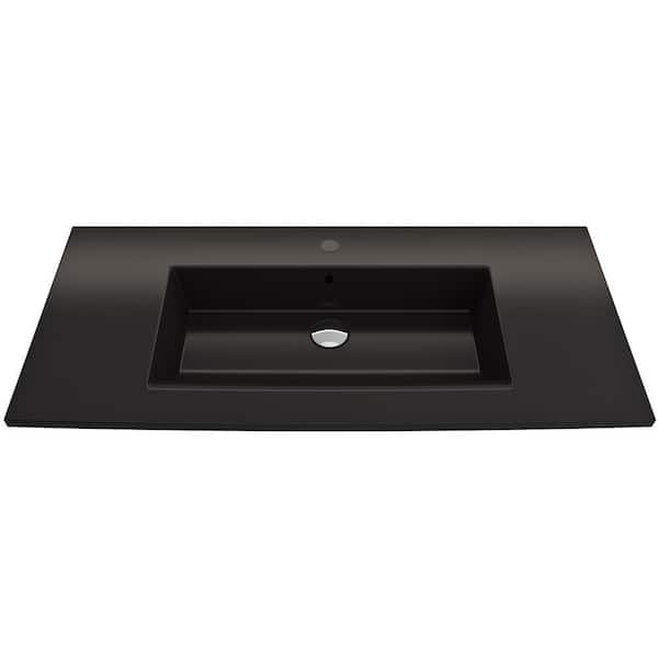 BOCCHI Ravenna Wall-Mounted 40.5 in. 1-Hole Matte Black Fireclay Rectangular Vessel Sink with Overflow