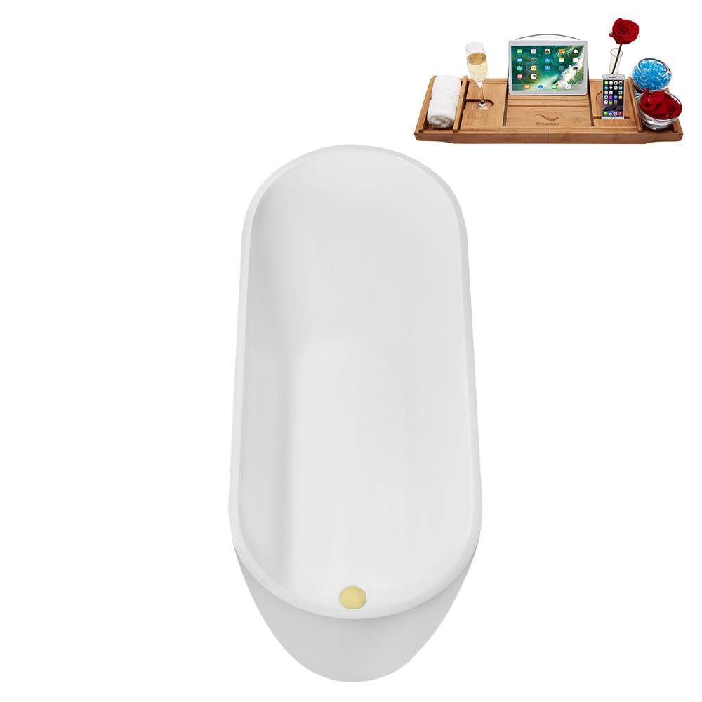 67" Glossy White Acrylic Freestanding Soaking Tub with Polished Brass Drain and Bamboo Tray