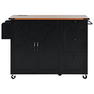 Black Farmhouse Wood 54.5 in. Kitchen Island on 5 Wheels with 3 Drawers, Drop Leaf and Power Outlet