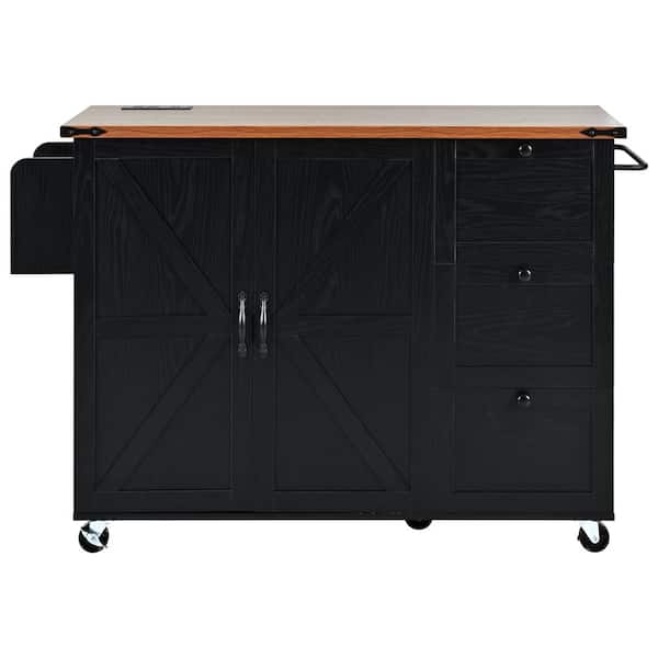 Cesicia Black Farmhouse Wood 54.5 in. Kitchen Island on 5 Wheels with 3 Drawers, Drop Leaf and Power Outlet