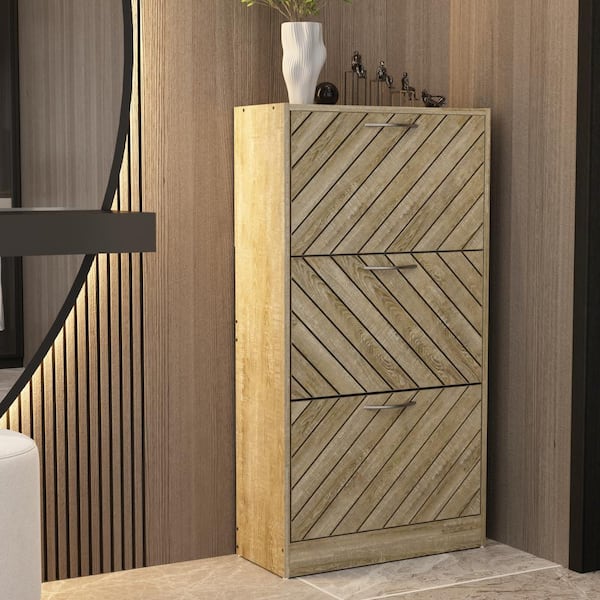 FUFU&GAGA Brown Wood Grain Shoe Storage Cabinet with 3-Drawers and 6-Compartments for Entryway Hallway