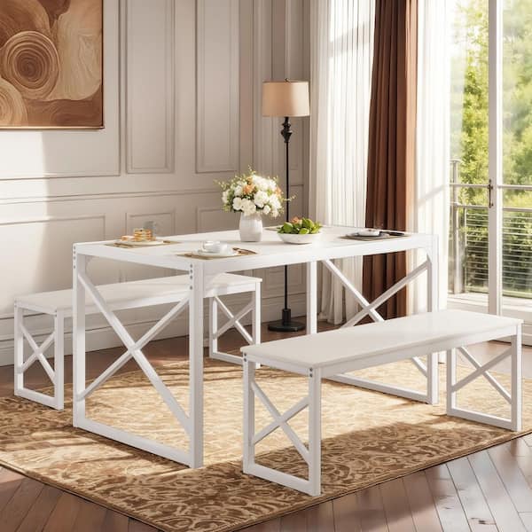 3-Piece Dining Table Set for 6,55'' Kitchen Table with 2 Benches, Industrial Wood and Metal Dinette, White MDF Top