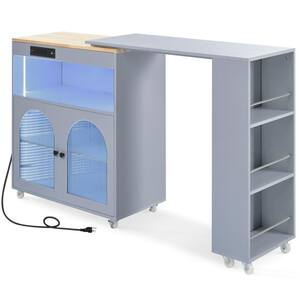 OLUMAT Gray Blue Wood 56.3 in. W Kitchen Island Cart with Extended ...