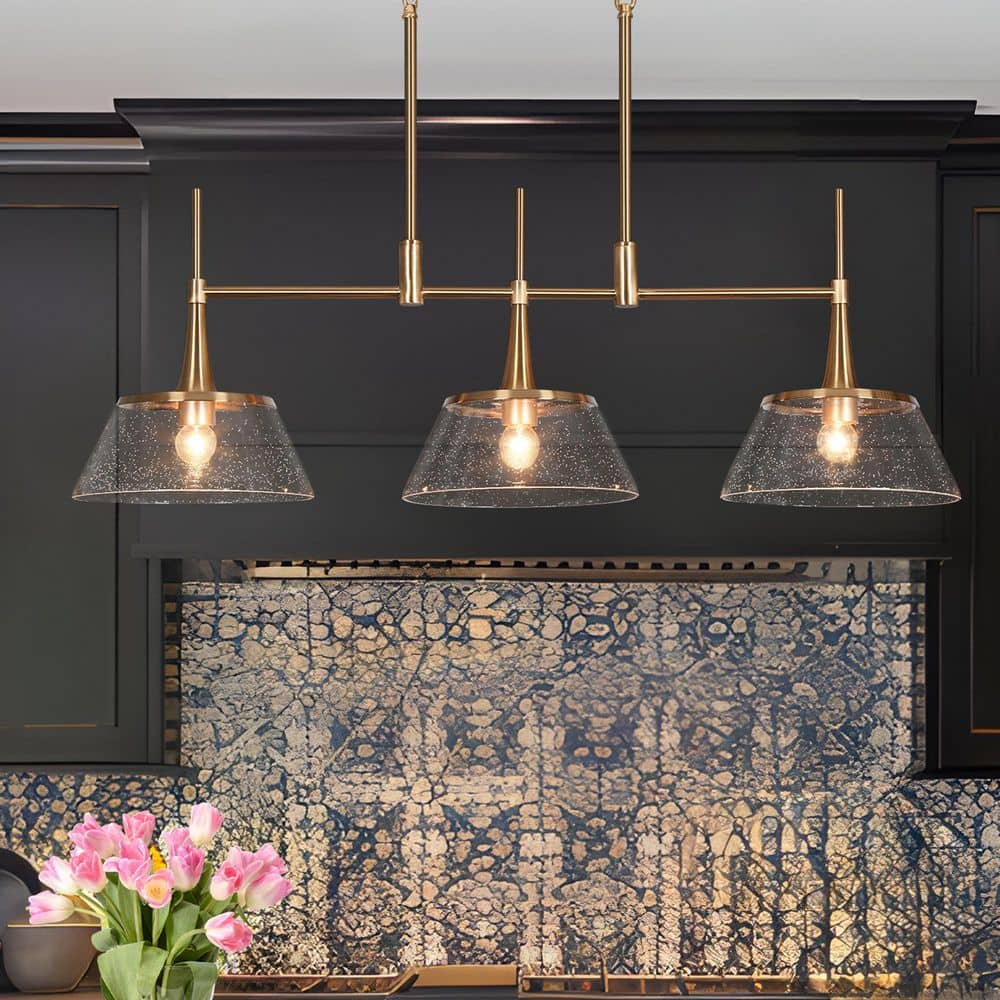 LNC Quoridan 3-Light 34.5-in Polished Gold Modern/contemporary Seeded Glass Linear LED Large Hanging Kitchen Island Light, image size:1000x1000