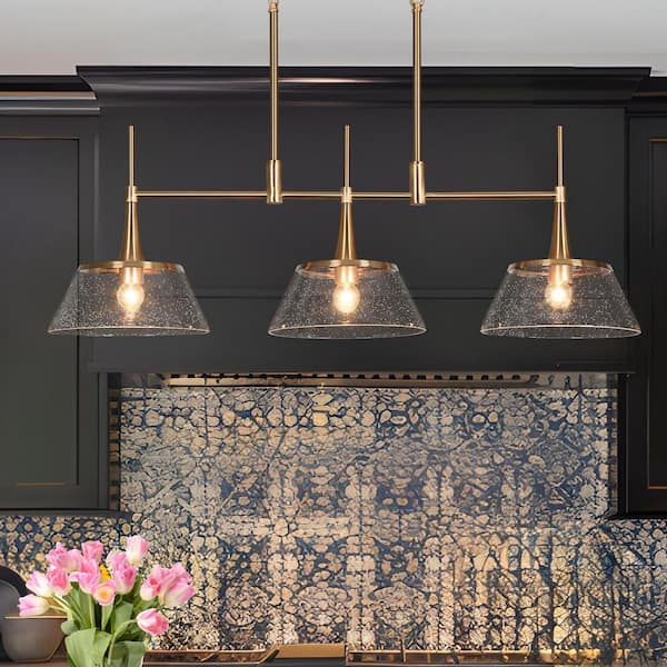 Quoridan 3-Light Brass Large Linear Island Chandelier, Modern Kitchen Pendant Billiard Lighting with Seeded Glass Shades