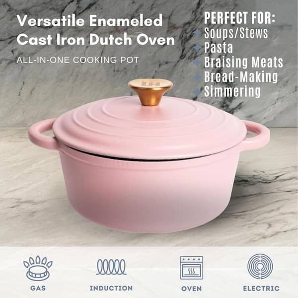 LEXI HOME 2.8 qt. Round Cast Iron Dutch Oven in Matte Pink with
