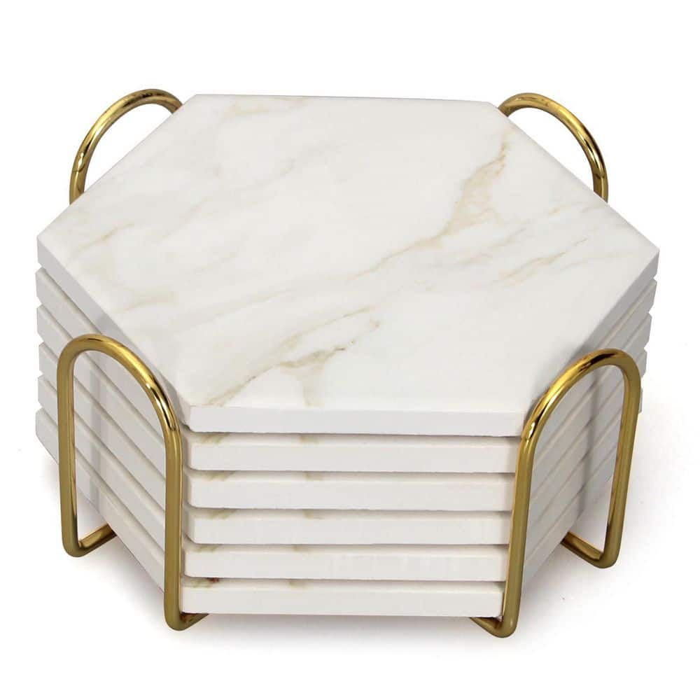 Beige Ceramic Hexagon Drink Coaster Set with Gold Metal Holder, 6-Piece Absorbent Marble Style price history on PriceWatchPro