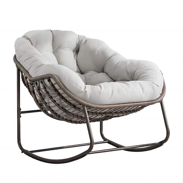 Clihome Metal Frame Outdoor Rocking Chair Recliner Chair with Beige Padded Cushion for Front Porch, Living Room, Patio, Garden